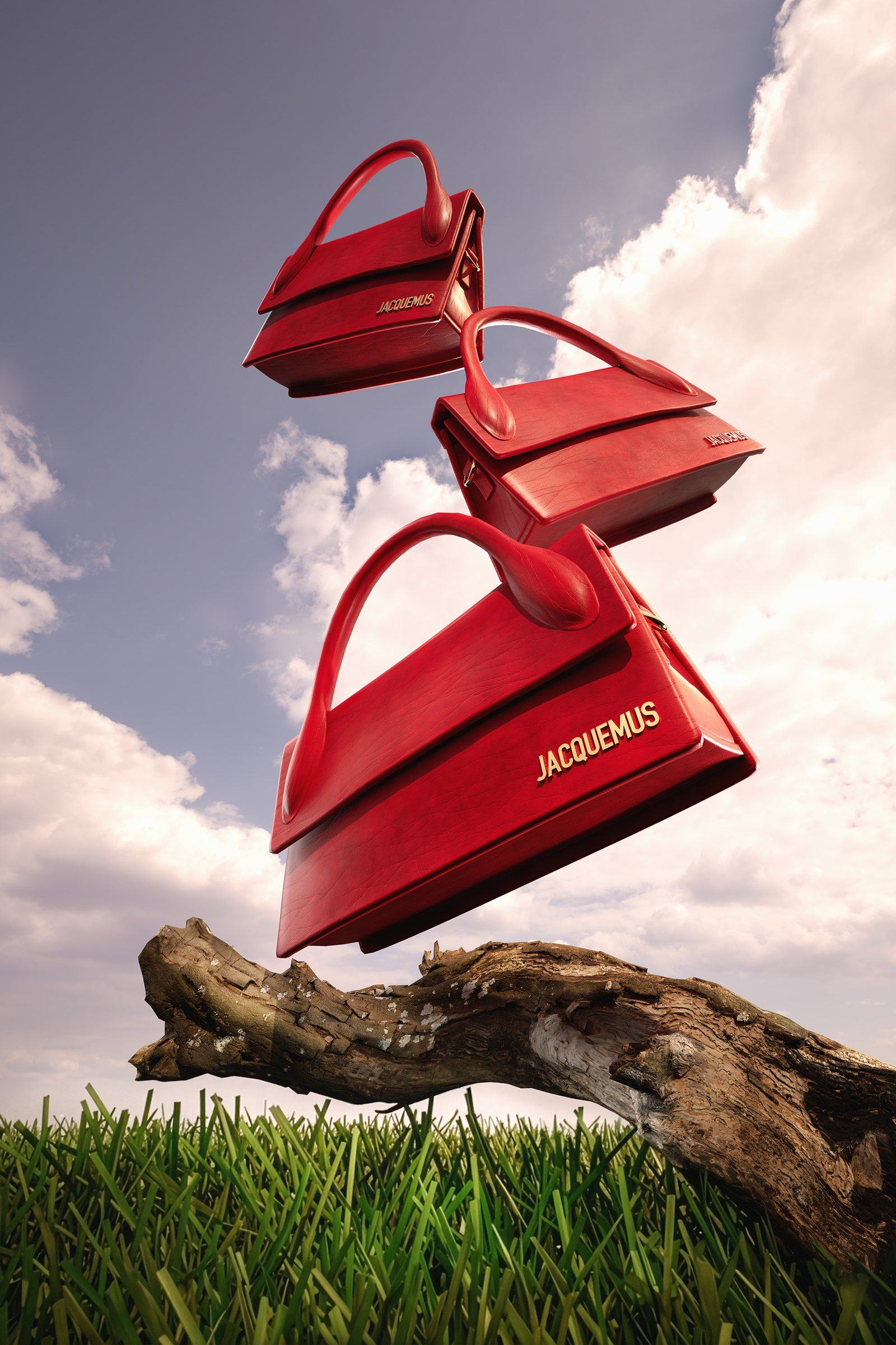 Jacquemus — CGI bags composed against a photographed sky
